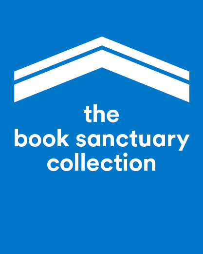 White text on a blue background reads The Book Sanctuary. Above the text is a open book stylized to look like a roof, providing shelter for the words.